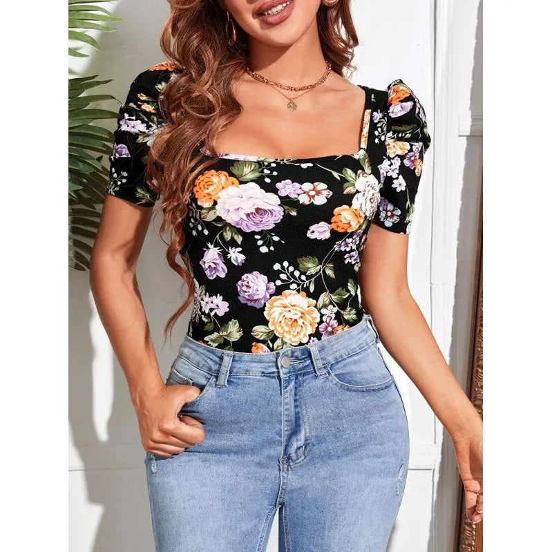 Shein Square Neck Floral Print Puff Sleeve Tee, L +
