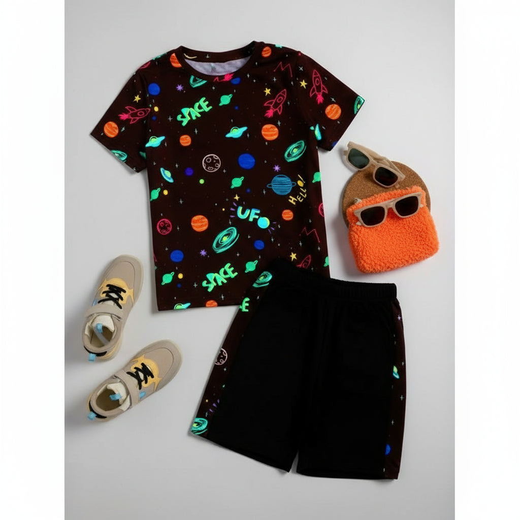 Shein Boys Reflective Galaxy Print Tee & Shorts Set, 13-14T+