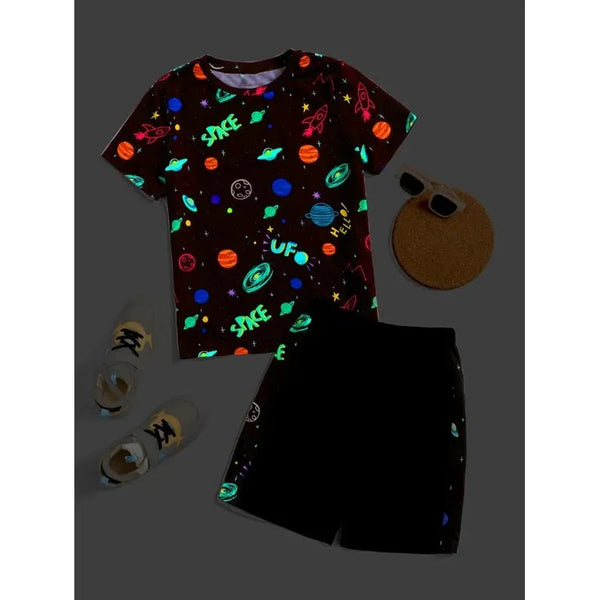 Shein Boys Reflective Galaxy Print Tee & Shorts Set, 13-14T+