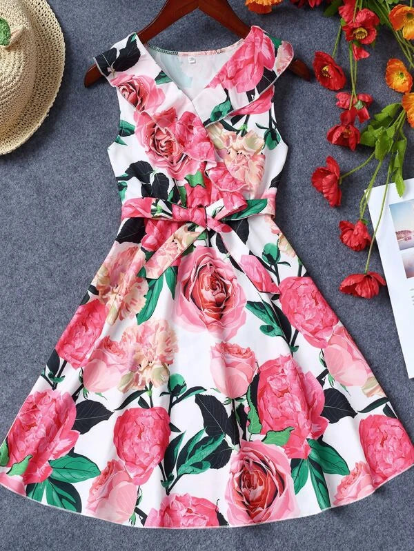 Shein Girls Floral Print Ruffle Trim Belted Dress, 7-8T +