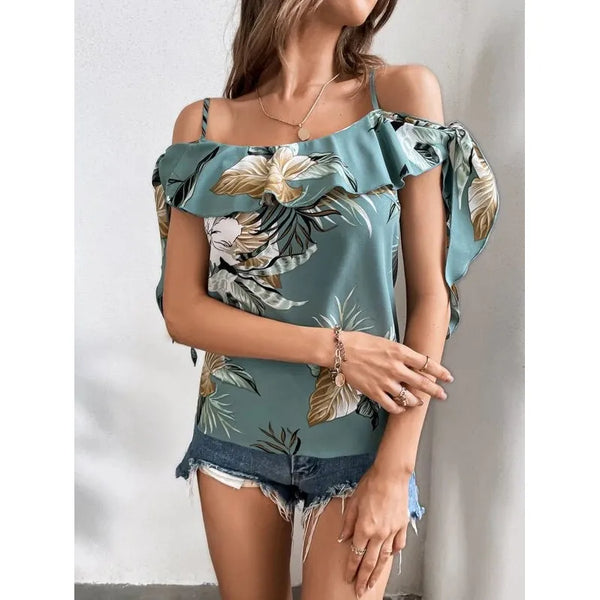 Shein Tropical Print Cold Shoulder Knot Cuff Blouse, S +