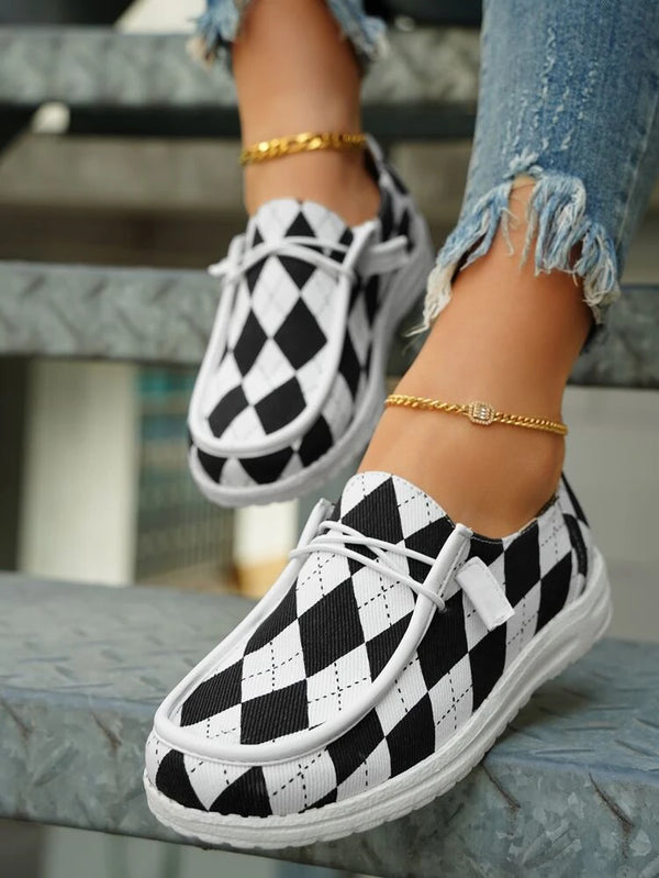 Shein Argyle Pattern Lace-Up Front Canvas Shoes, Size: 38 +