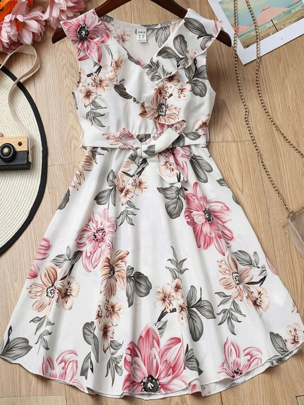 Shein Girls Floral Print Ruffle Trim Belted Dress, 7-8T +