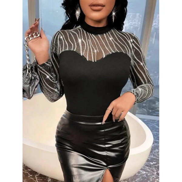 Shein SXY Mock Neck Contrast Mesh Tee +