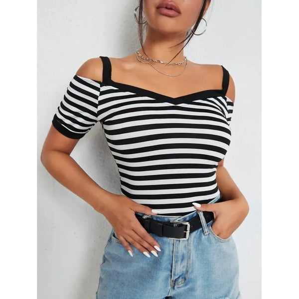 Shein Cold Shoulder Striped Tee +
