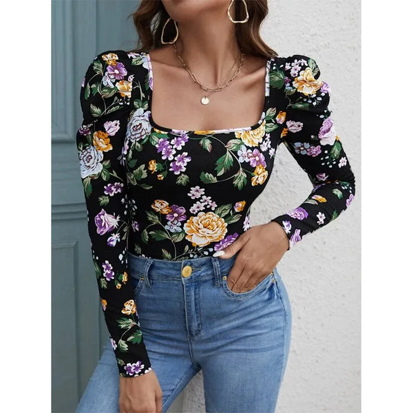 Shein Floral Print Gigot Sleeve Tee, +