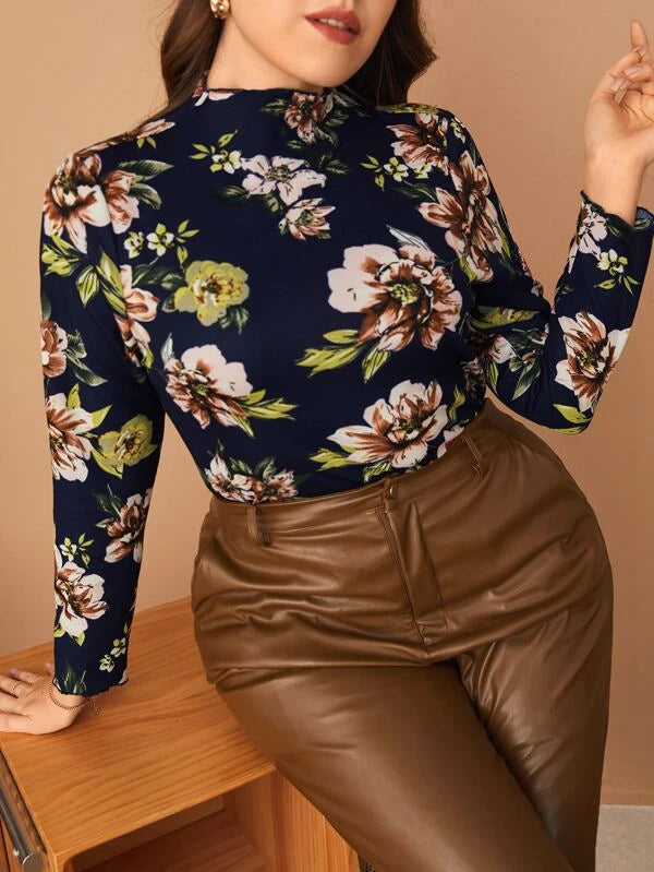 Shein Plus Floral Print Mock Neck Tee +
