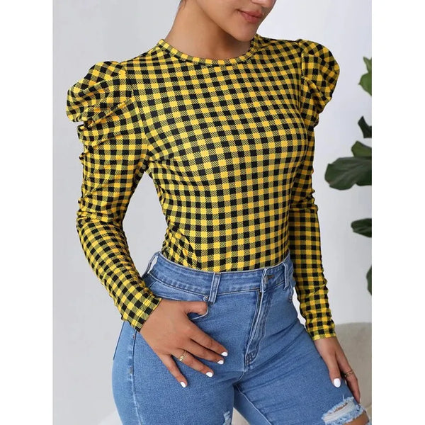 Shein Gigot Sleeve Gingham Tee +