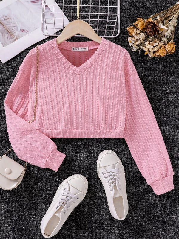 Shein Girls Cable Textured Drop Shoulder Pullover, 11-12T +