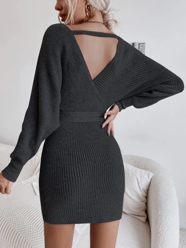 Shein Wrap Batwing Sleeve Belted Cut Out Backless Sweater Dress, XS */