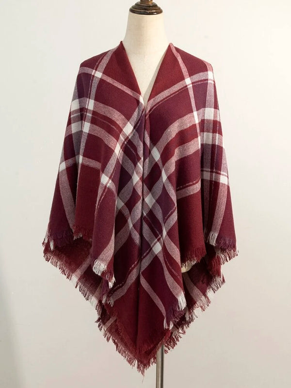 Shein Plaid Pattern Raw Trim Shawl  +