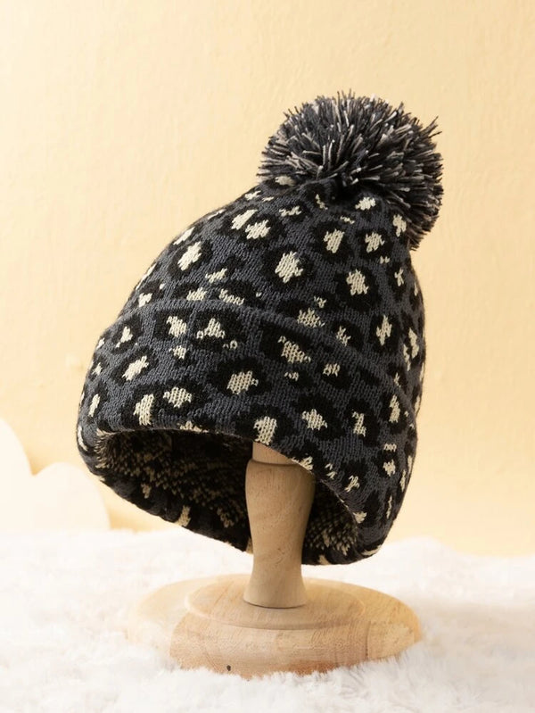 Shein Leopard Pattern Pom Pom Decor Beanie +