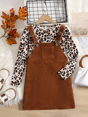 Shein Girls Corduroy Overall Dress & Leopard Print Tee, 8T +
