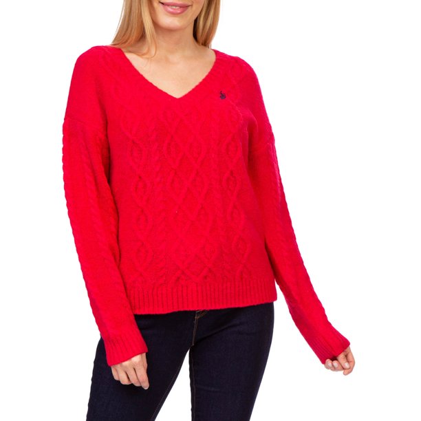 U.S. Polo V-Neck Cable Knit Sweater, 12-14T+