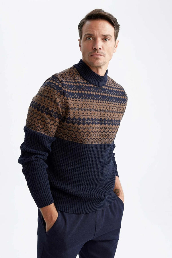 Defacto Regular Fit Turtleneck Patterned Reversible Knitwear Sweater, S */