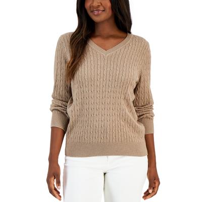 Karen Scott Camel Cable-Knit V-Neck Sweater - Women, M */