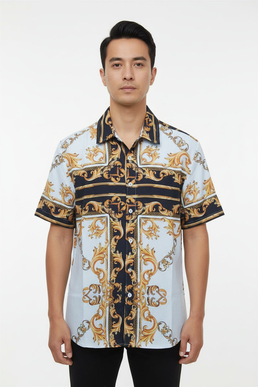 Shein Men Random Baroque & Scarf Print Button Up Shirt Without Tee, L +