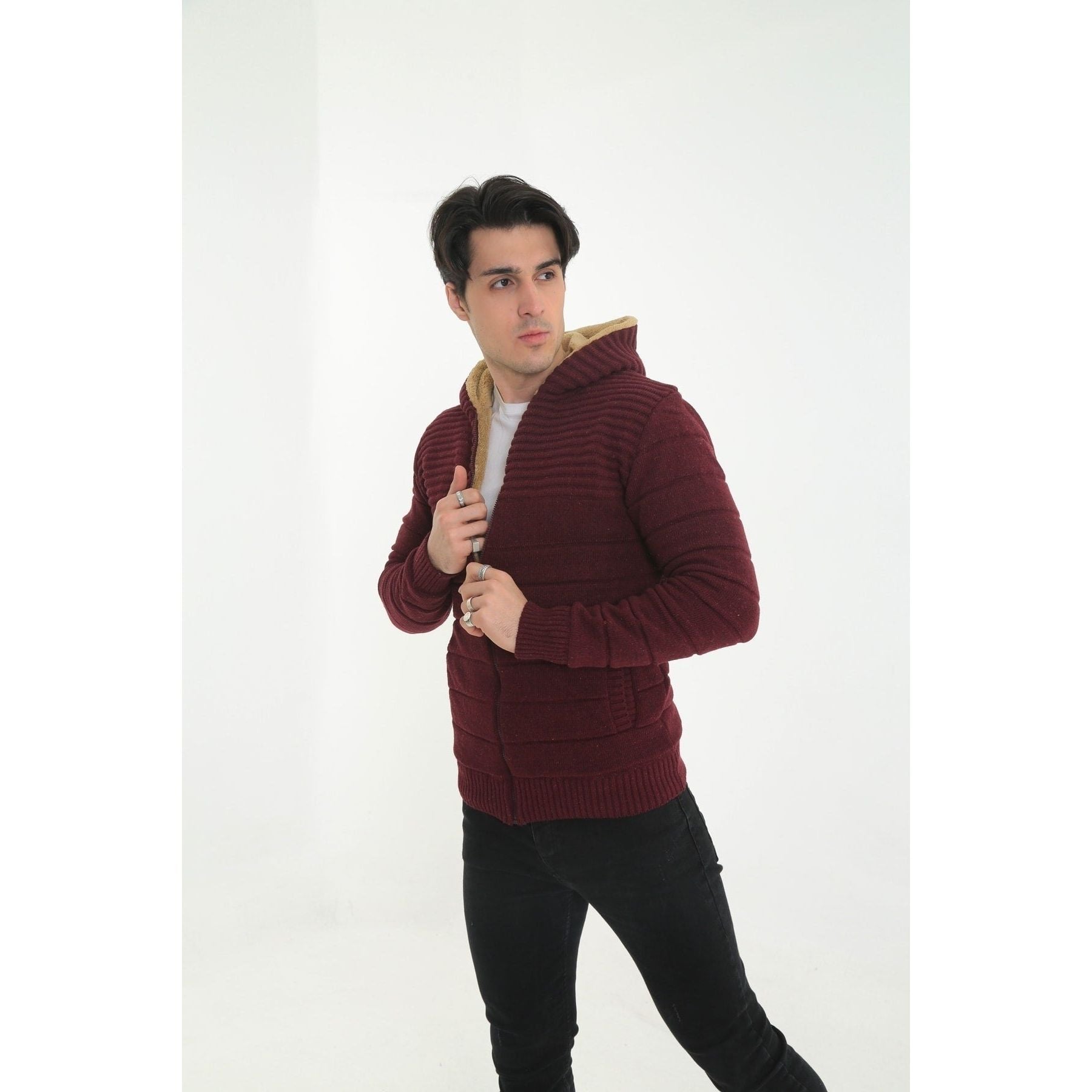 KMKkombin Men's Shearling Hooded Sports Cardigan with furry +