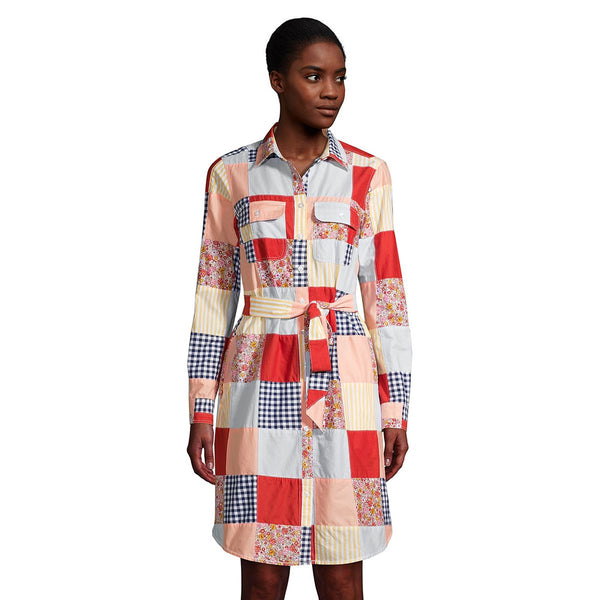 Lands' End Poplin Button Front Patchwork Long Sleeve Shirt Dress, L +