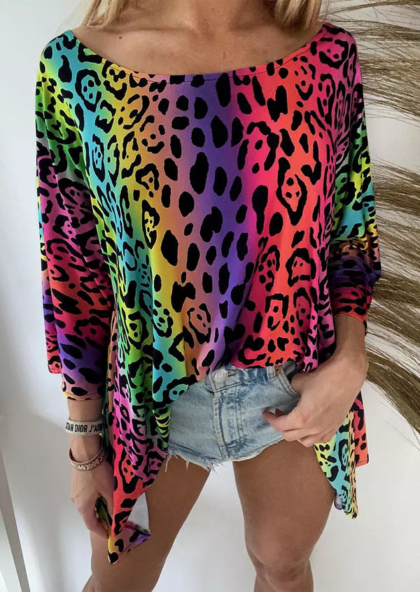 Bellelily Colorful Gradient Leopard Loose Blouse*/