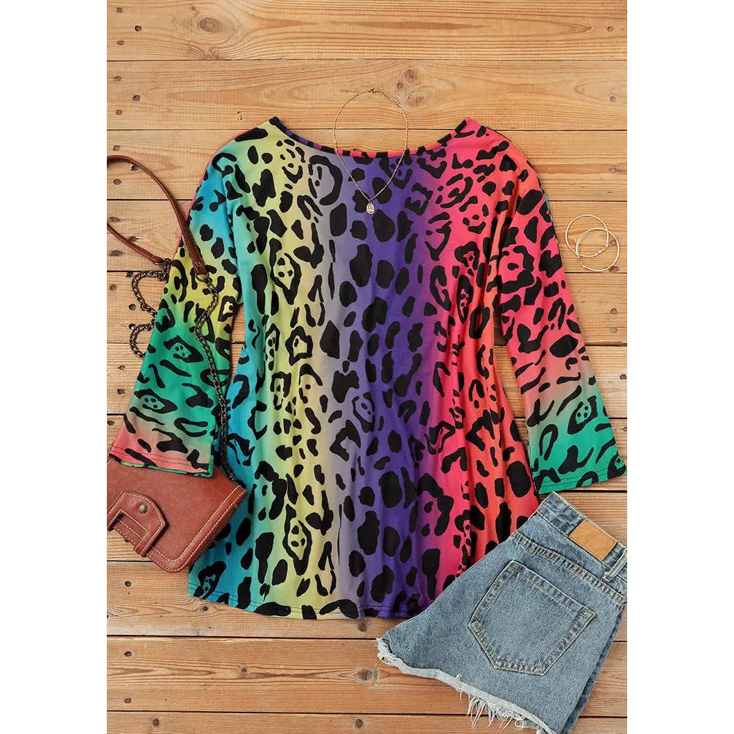 Bellelily Colorful Gradient Leopard Loose Blouse +