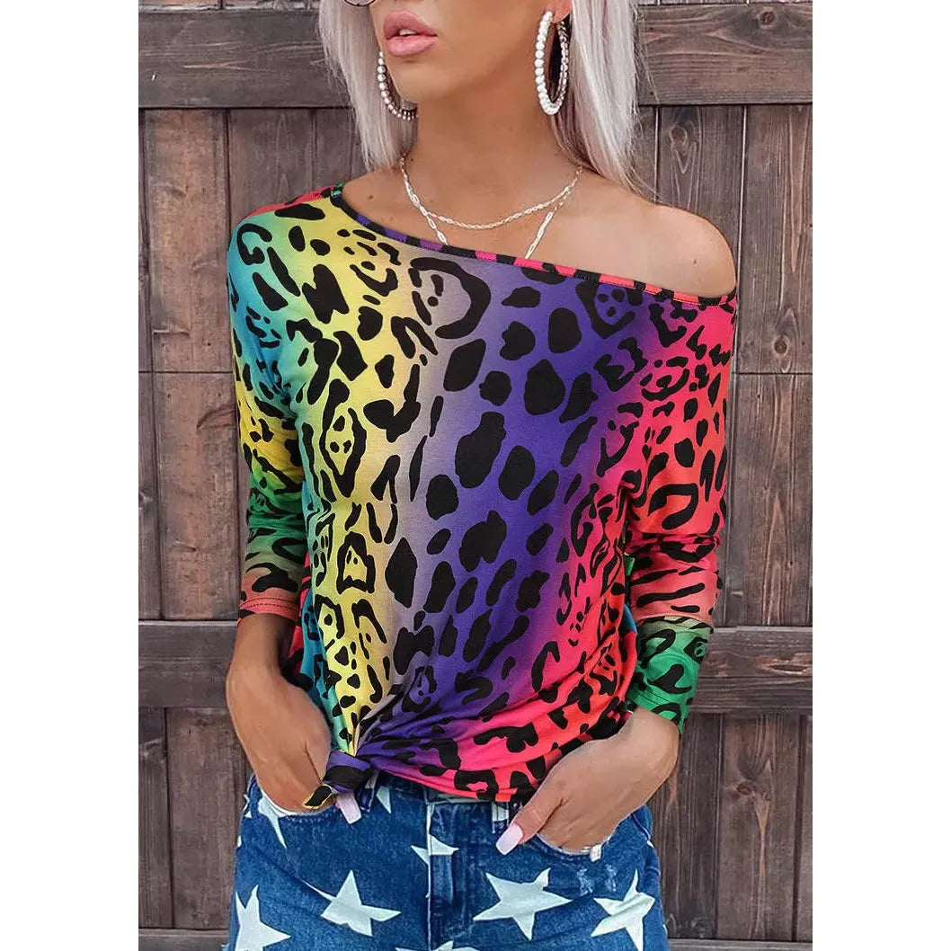 Bellelily Colorful Gradient Leopard Loose Blouse +
