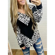 Bellilily Leopard Splicing Long Sleeve V-Neck Blouse, XL +