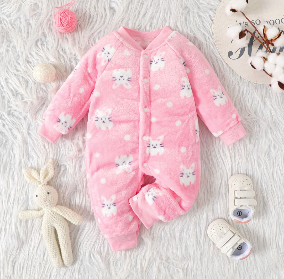 Pat Pat Baby Rabbit Pattern Allover Fluffy Long-sleeve Jumpsuit, 12M  +