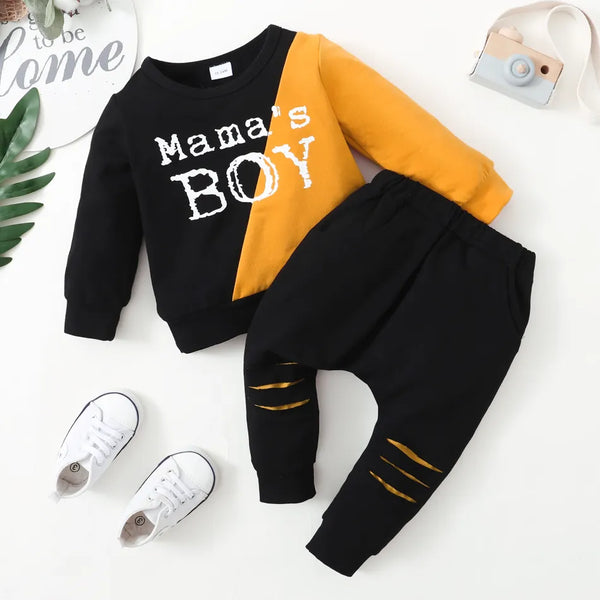 Pat Pat 2-piece Boy Letter Print Colorblock Pullover with Cut Out Pants Set, 5-6T*/