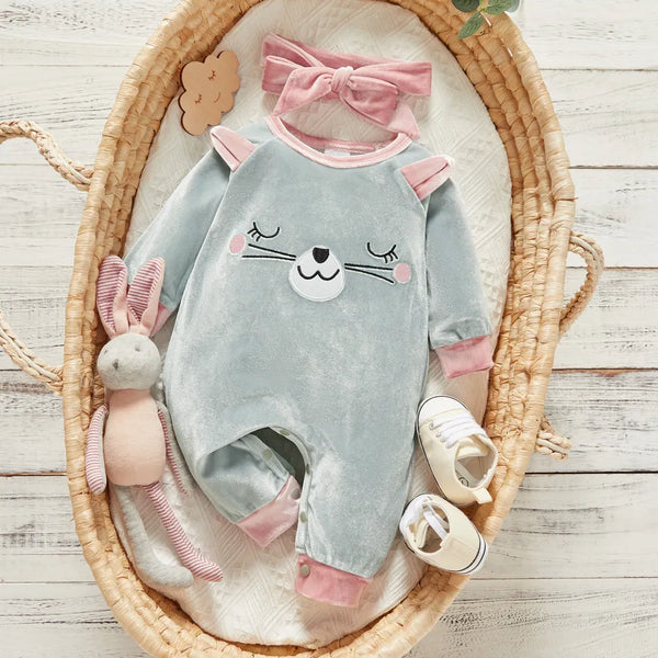 Pat Pat 2pcs Cat Embroidery 3D Ear Splice Long-sleeve Grey Baby Set, 9-12M*/