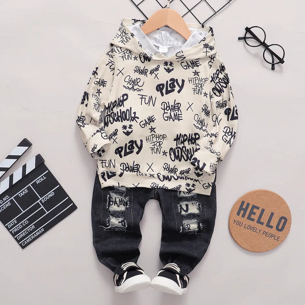 Pat Pat 2 Pieces Baby Boy 95% Cotton Ripped Jeans and Long Sleeve Graffiti Lettering Hoodie Set ,12-18M +