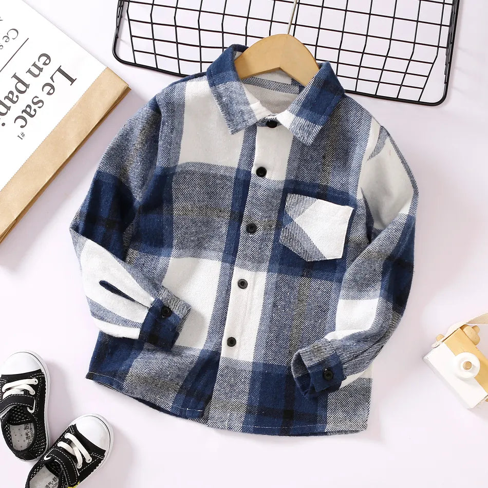 Pat Pat Baby boy's lapel collar button plaid long sleeve shirt design, 6-7T +