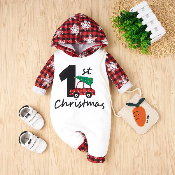 Pat Pat Christmas Snowflake & Plaid Print Hooded Long Sleeve Graphic Jumpsuit, 3-6M +