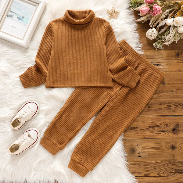 Patpat 2pcs Toddler Girl Solid Color Ribbed Turtleneck Long-sleeve Tee & Elasticized Pants Set, 3-4T *