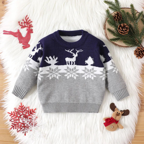 PAT PAT Christmas Deer & Snowflake Pattern Long Sleeve Colorblock Knitted Sweater, 12-18M*/