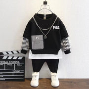 Pat Pat 2pcs Kid Boy Faux-two Letter Print Striped Sweatshirt and Black Pants Set, +