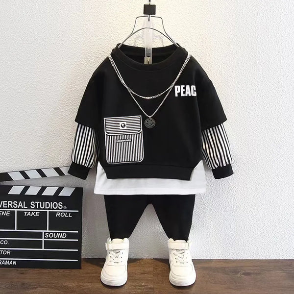 Pat Pat 2pcs Kid Boy Faux-two Letter Print Striped Sweatshirt and Black Pants Set, +