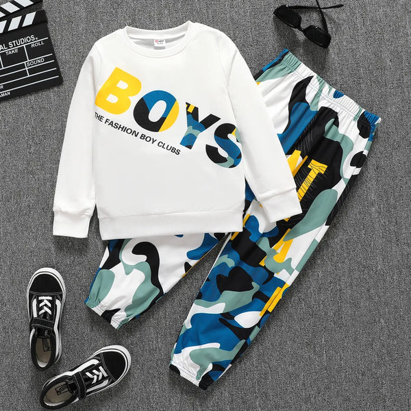 Pat Pat 2-piece boy letter print sweatshirt and camouflage print pants set , 7-8T +