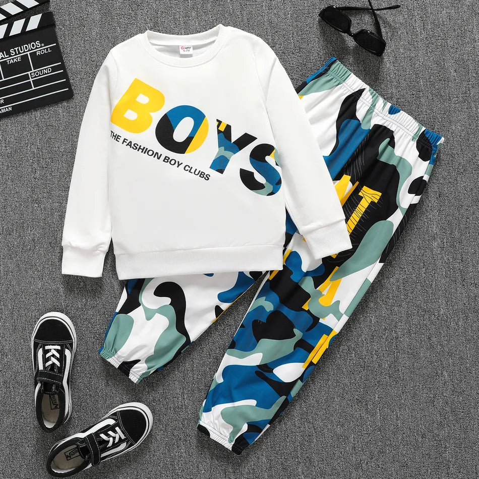 Pat Pat 2-piece boy letter print sweatshirt and camouflage print pants set , 7-8T +