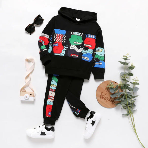 Pat Pat 2pcs Boy's Print Character Colorblock Hoodie Sweatshirt & Pants Set, 9-10T +