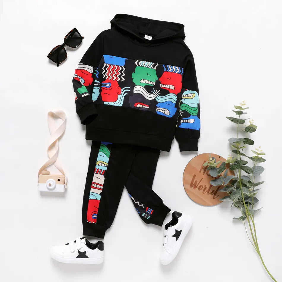 Pat Pat 2pcs Boy's Print Character Colorblock Hoodie Sweatshirt & Pants Set, 9-10T +