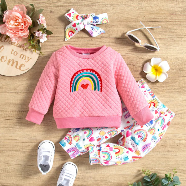 Pat Pat 3-Pcs Rainbow Embroidered Sweatshirt & Allover Print Pants with Headband Set, 9-12M*/