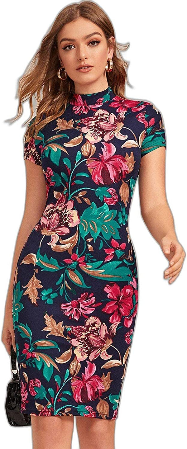 Shein Floral Print Mock Neck Bodycon Dress /