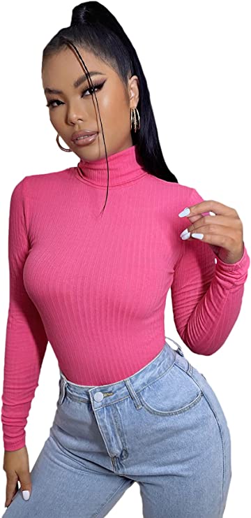 Shein Turtleneck Long Sleeve Tee Rib Knit Solid Fitted Tops T-Shirt +