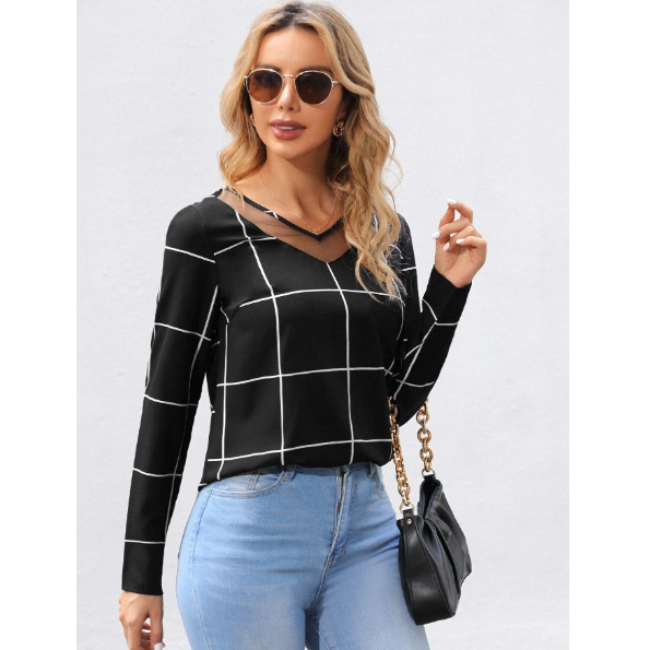 Shein Grid Print Contrast Mesh Blouse, L +