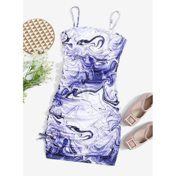 Shein Teen Girls Marble Print Drawstring Knot Side Fitted Dress, 10-11T +