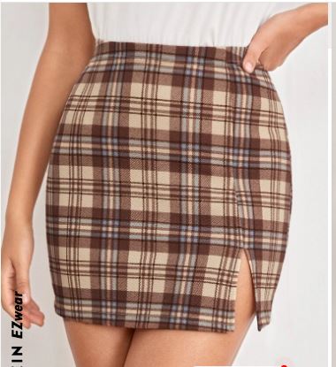 Shein Plaid Split Hem Mini Skirt, L*/