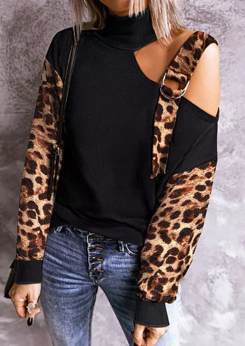 Bellelily Leopard Turtleneck One Sided Cold Shoulder Blouse, M +