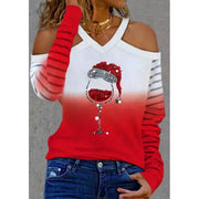 Bellelily Christmas Wine Glass Gradient Cold Shoulder Blouse +