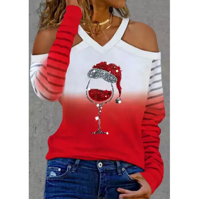 Bellelily Christmas Wine Glass Gradient Cold Shoulder Blouse +
